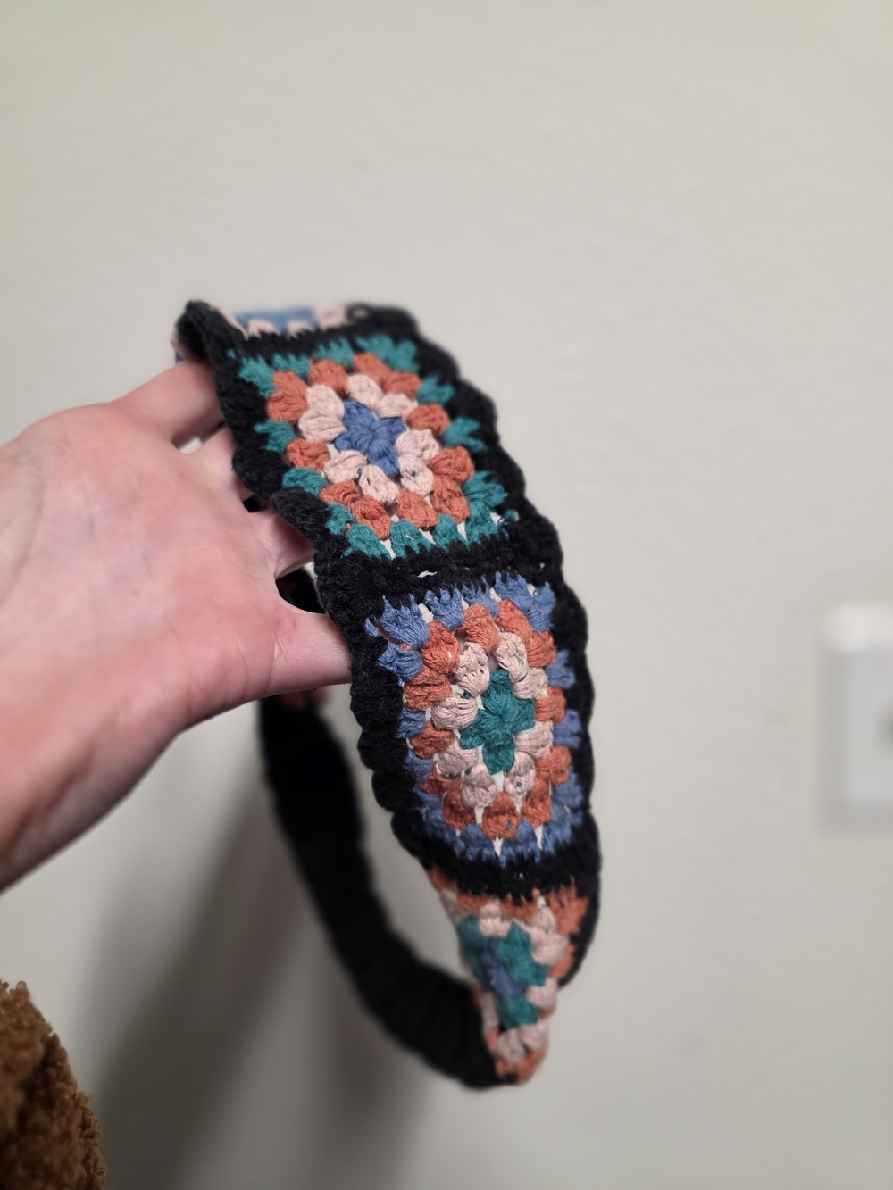 Black Crochet Headband with Teal, Rust & Pink Accents